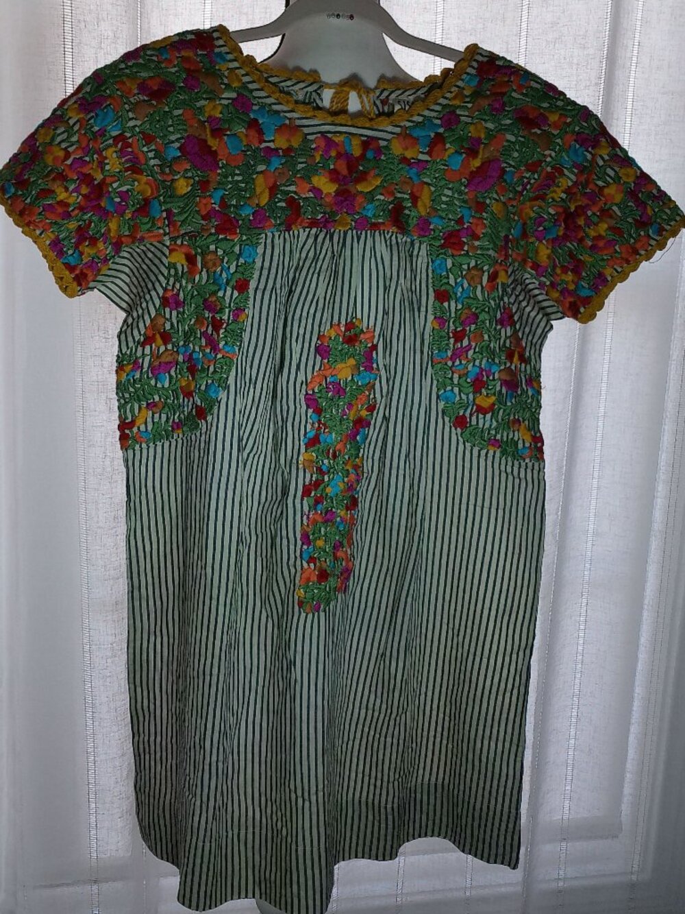 SISTER MARY NWT Short Sleeve Back Tie White w/Blue Stripe Embroidered Dress XS